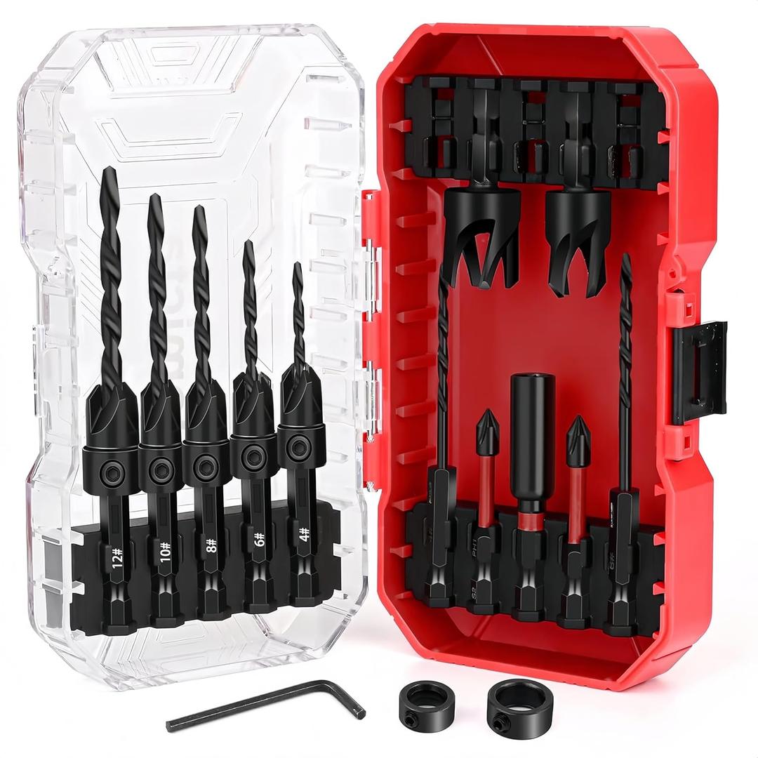 Countersink Drill Bit Set for Woodworking, 15 PCS M2 Cobalt HSS Tapered Drill Bits Kit with 2 Wood Plug Cutters, 1/4" Hex Shank Quick Change, Depth Stop Collars, 82 Counterbore & Storage Case
