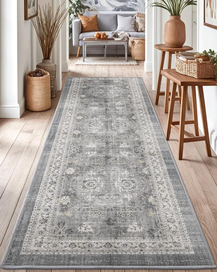 DEXI Hallway Runner Rug, 2x7 Distressed Non Slip Runners Carpet, Boho Vintage Soft Thin Indoor Rug, Stain Resistant Washable Entry Mat for Entryway Kitchen Laundry Room Living Room, Grey