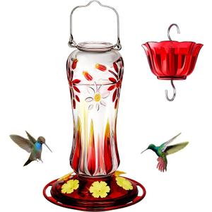 Kingsyard Glass Hummingbird Feeders for Outdoors Hanging, 25 oz Leak Proof Hummingbird Feeder with Ant Moat & 6 Bee Proof Feeding Ports, Red