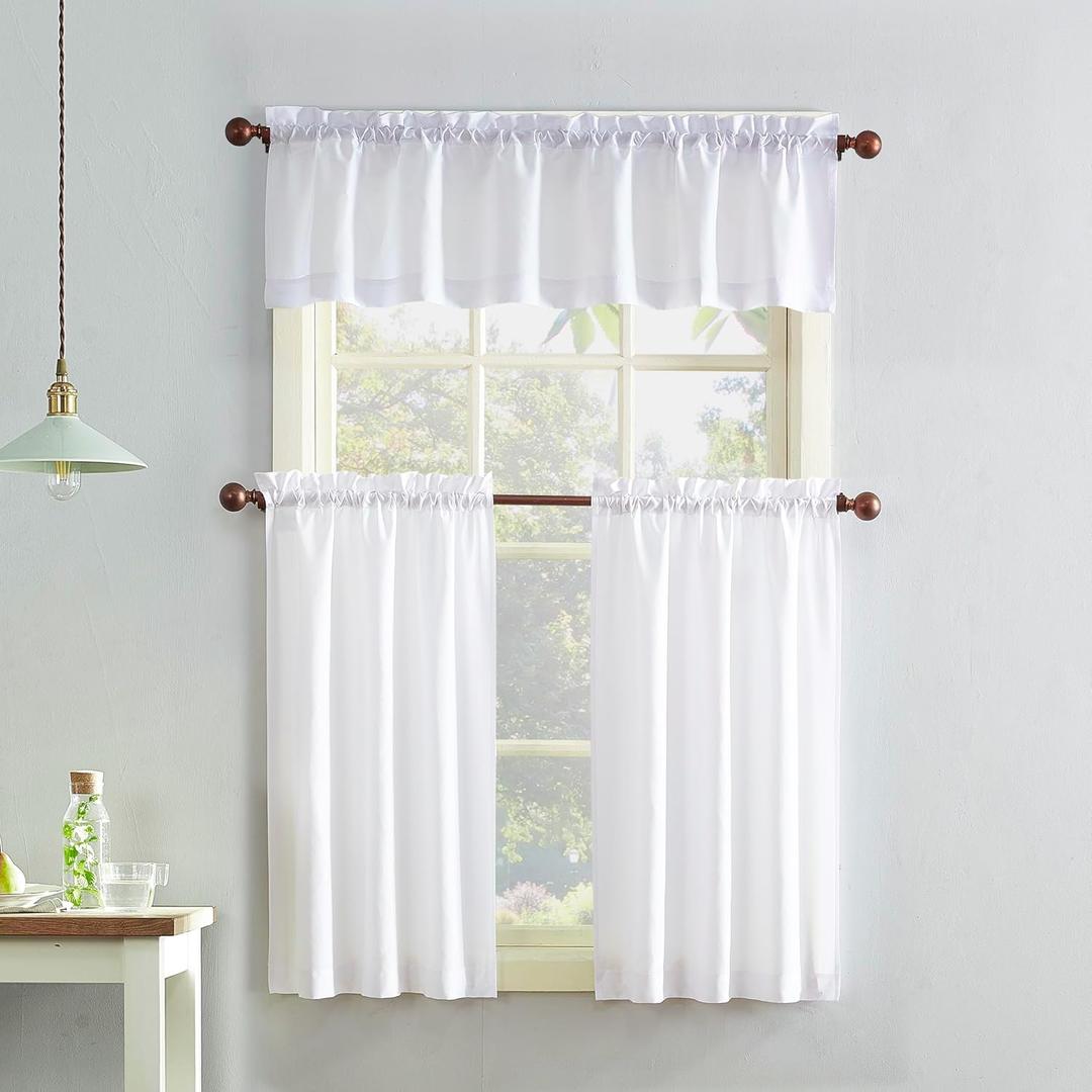No. 918 Martine Microfiber Semi-Sheer Rod Pocket Kitchen Curtain Valance and Tiers Set, 54" x 36", White