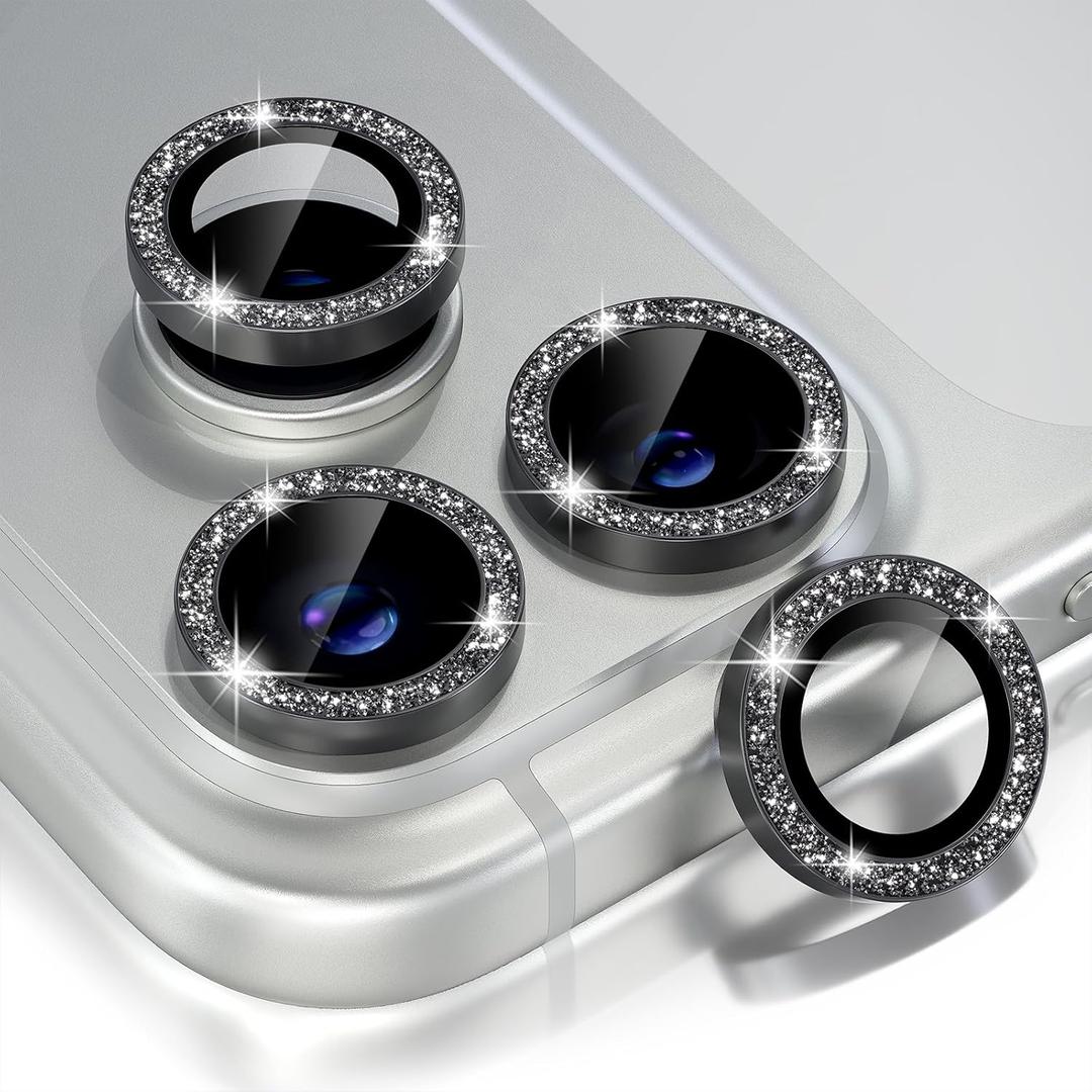 Choiche Compatible for iPhone 17 Pro/iPhone 17 Pro Max Camera Lens Protector Bling, 9H Tempered Glass Camera Cover Screen Protector Metal Ring Decoration Accessories (Glitter-Black)