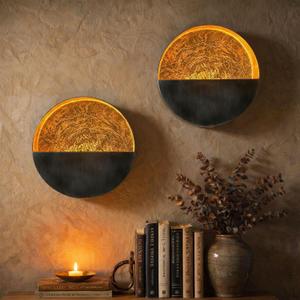 NativeSkins Eclipse Wall Candle Sconces Set of 2  6.5" Round Metal Tea Light Holders (3" Depth) with Gold Leaf Interior  Antique Nickel Decorative Accent for Bedroom, Hallway, Bathroom