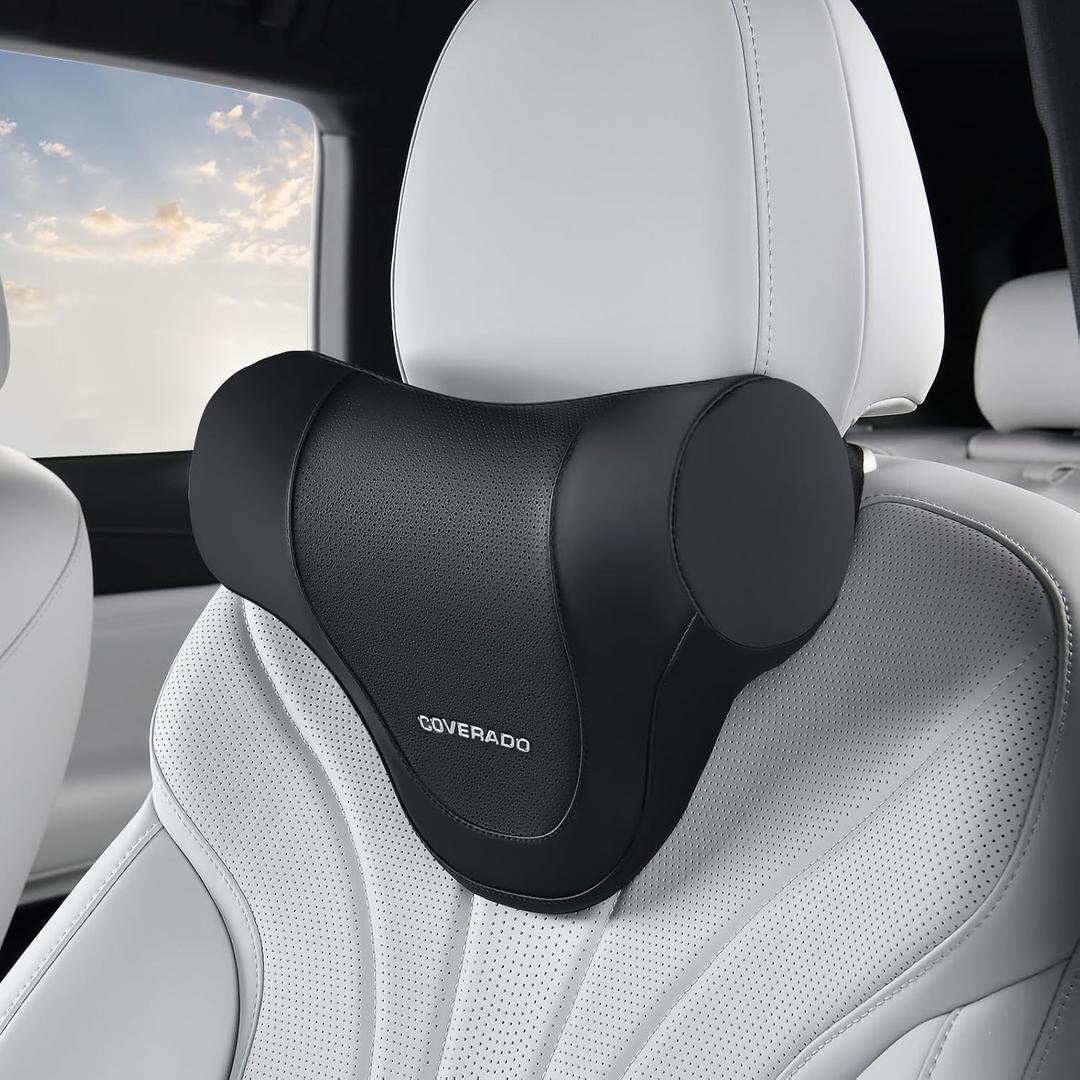 Coverado Car Headrest Pillow, Ergonomic Memory Foam Car Neck Pillow for Driving Seat with Adjustable Strap, Soft PU Leather Breathable Removable Cover Neck Support for Neck Pain Relief (Black)