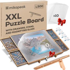 1500 Piece Puzzle Board, Clip-on Led Magnifier and Wall Display Kit Included, Adjustable Jigsaw Puzzle Boards for Adults and Kids, Portable Puzzle Board with Drawers, Cover and Non-Slip Felt Surface