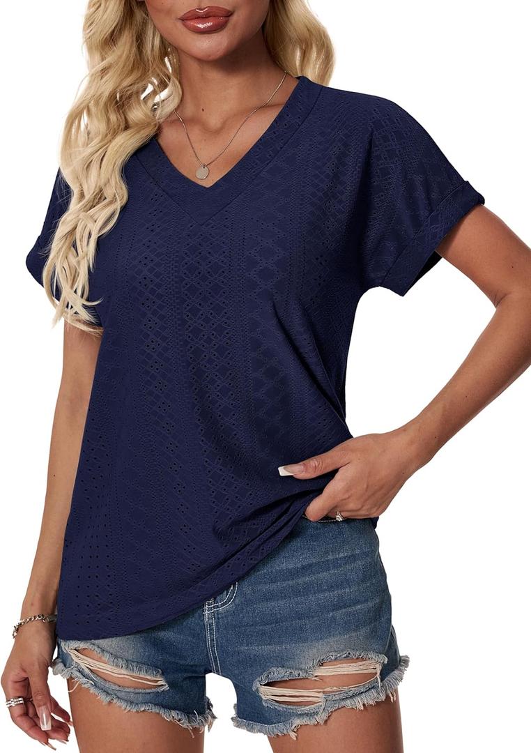 Eyelet Tops T Shirts for Women Dressy Casual V Neck Cap Sleeve Tees Trendy Summer Loose Fitting Business Clothing 2025 (Medium)