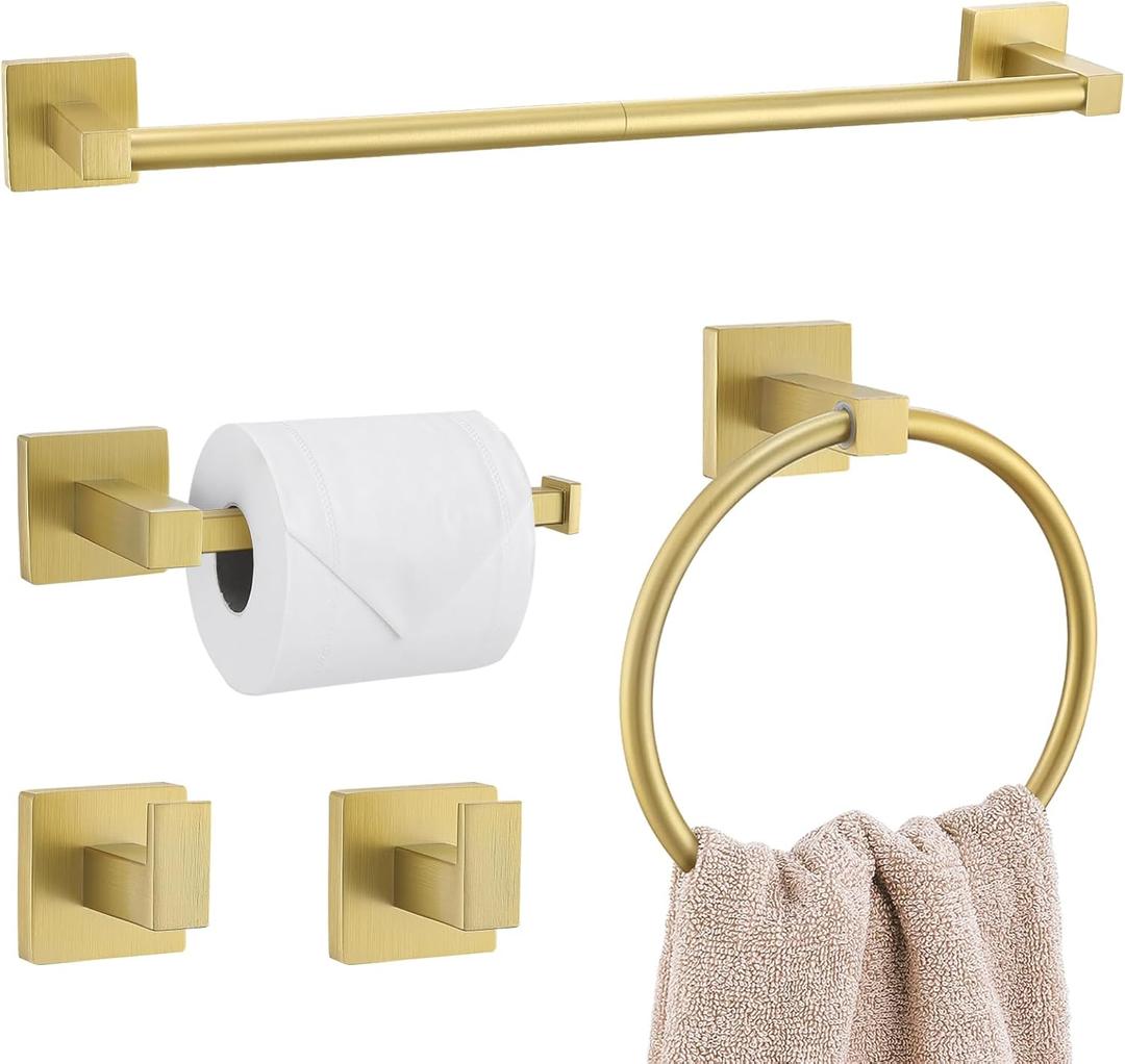 Lairuier 5-Piece Brushed Gold Bathroom Hardware Set, Bathroom Accessories Set with Towel Bar, Toilet Paper Holder and 2 Towel Hooks SUS304 Stainless Steel Towel Bar Set Wall Mounted