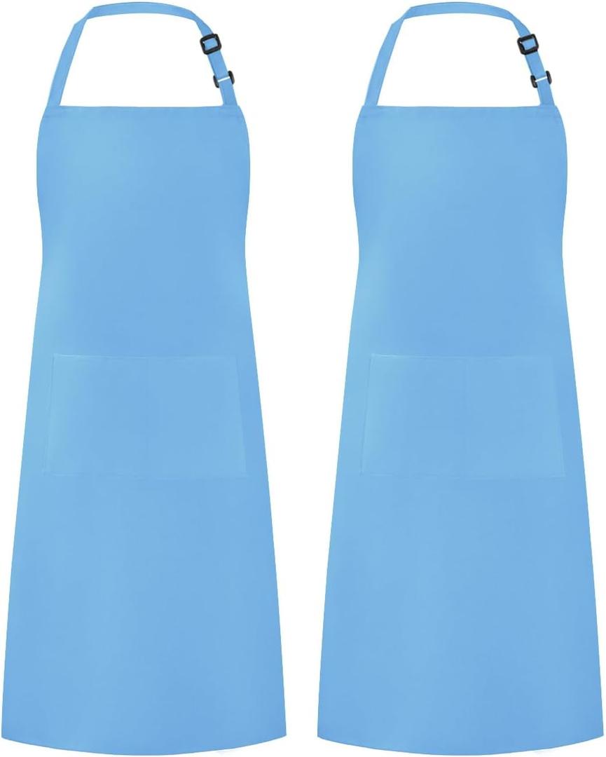 Syntus 2 Pack Adjustable Bib Apron Waterdrop Resistant with 2 Pockets Cooking Kitchen Aprons for Women Men Chef (Blue Light)