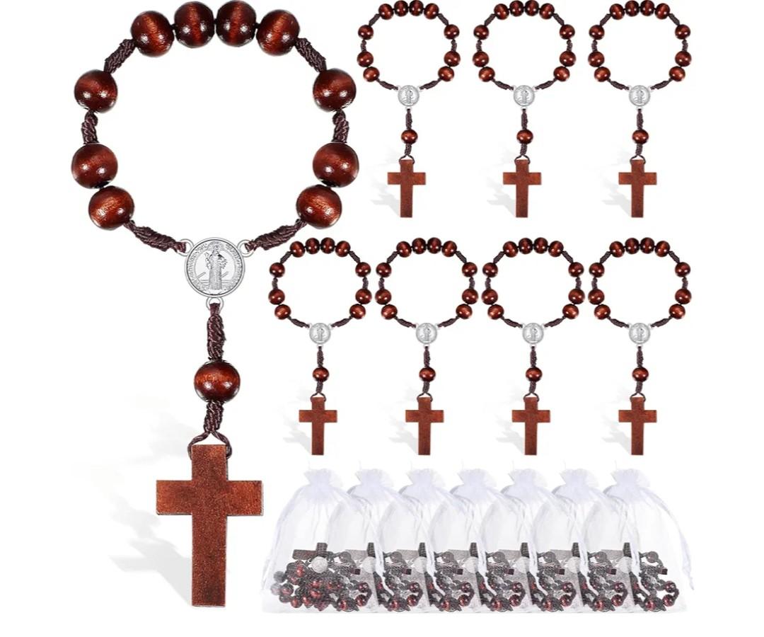 Yinkin 30 Pieces Baptism Rosary Bible Verse Favors Mini Baptism Favors Wood Rosary Religious Crosses Bulk Gifts with 30 Organza Bags Mini Rosaries bulk for First Communion Christening Party Gift