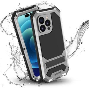 Compatible with iPhone 14 Pro Max IP68 Waterproof Case Military Metal Stand Case with Screen Protector Slim Full Cover Rugged Durable Shockproof Dustproof Anti-Scratch Sturdy Durable (Sliver)