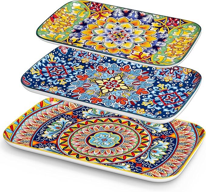 vancasso Serving Platters Set of 3, 16"/14"/12" Inch Rectangular Trays  Extra Large, Ceramic Bohemian Serving Dish for Entertaining Food, Microwave & Dishwasher Safe, Vintage