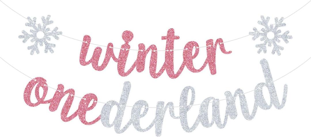 Winter Onederland Banner, Miss Onederful, Sweet Little Snowflake, Winter Theme 1st Birthday Party Decorations Pink Glitter