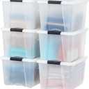 IRIS USA 40 Qt Stackable Plastic Storage Bins with Lids, 6 Pack - BPA-Free, Made in USA - Discreet Organizing Solution, Latches, Durable Nestable Containers, Secure Pull Handle - Pearl