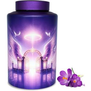 Large Cremation Urn for Adult Female Male Ashes, Decorative Funeral Purple Keepsake Urns for Human Women Man Dad Mom Remains with Velvet Bag(Gate of Heaven) (Large 220 lbs)