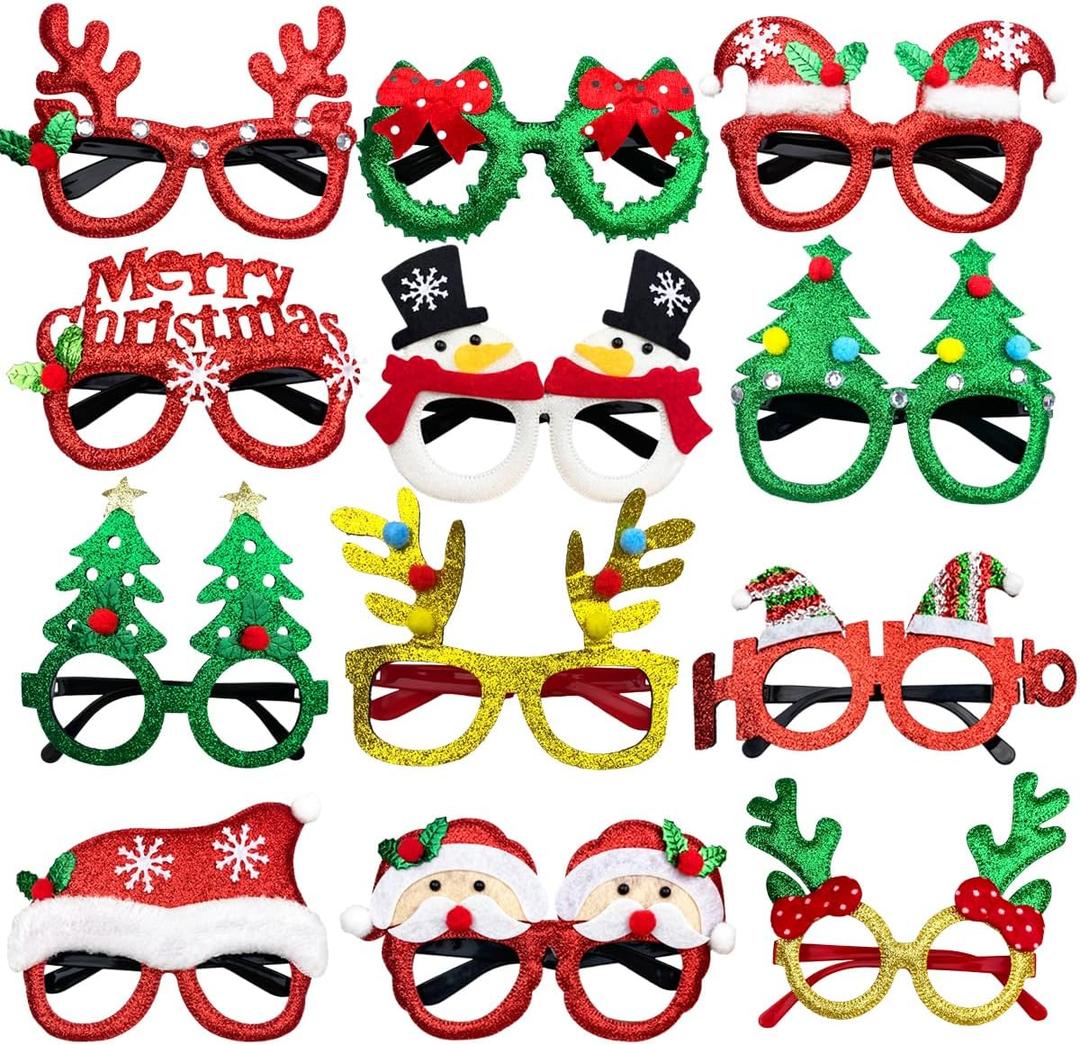 JoFAN 12 Pack Christmas Glasses Glitter Glasses Frames Costume Accessories for Christmas Decorations Party Favors Stocking Stuffers Party Supplies
