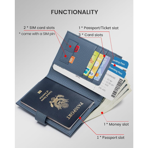 RFID Slim Passport Holder for Man & Women, Compact Leather Passport Wallet with Card Holders SIM Slots, Zippered Coins Pocket and Cash Holder Travel Passport Cover Case, Dark Blue