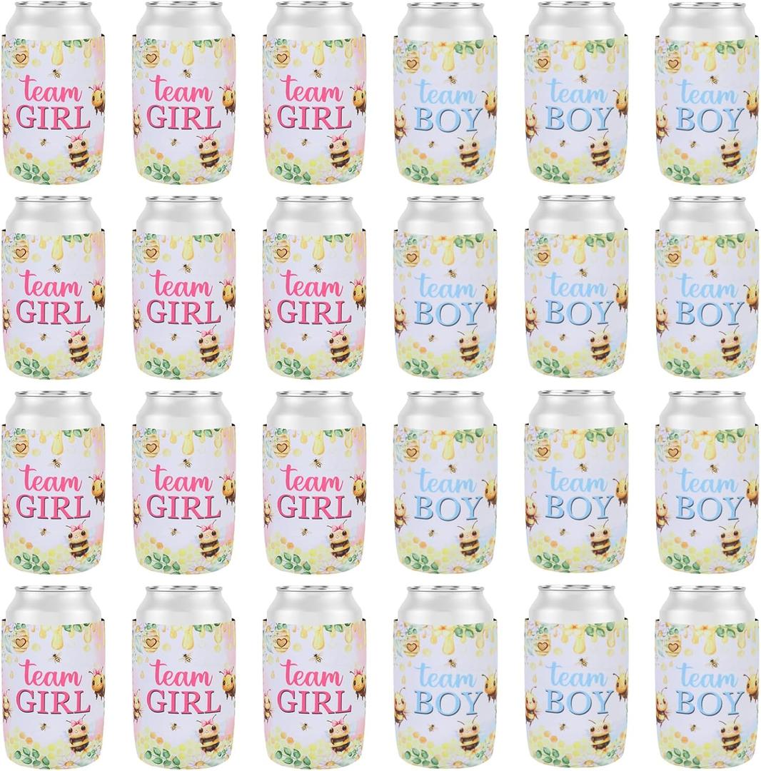 Serencatcher What Will Baby Bee Gender Reveal Party Decoration, 24pcs Bee Gender Reveal Can Cooler Team Boy Team Girl Can Sleeve for What It Will Bee Gender Reveal Baby Shower Party Supplies