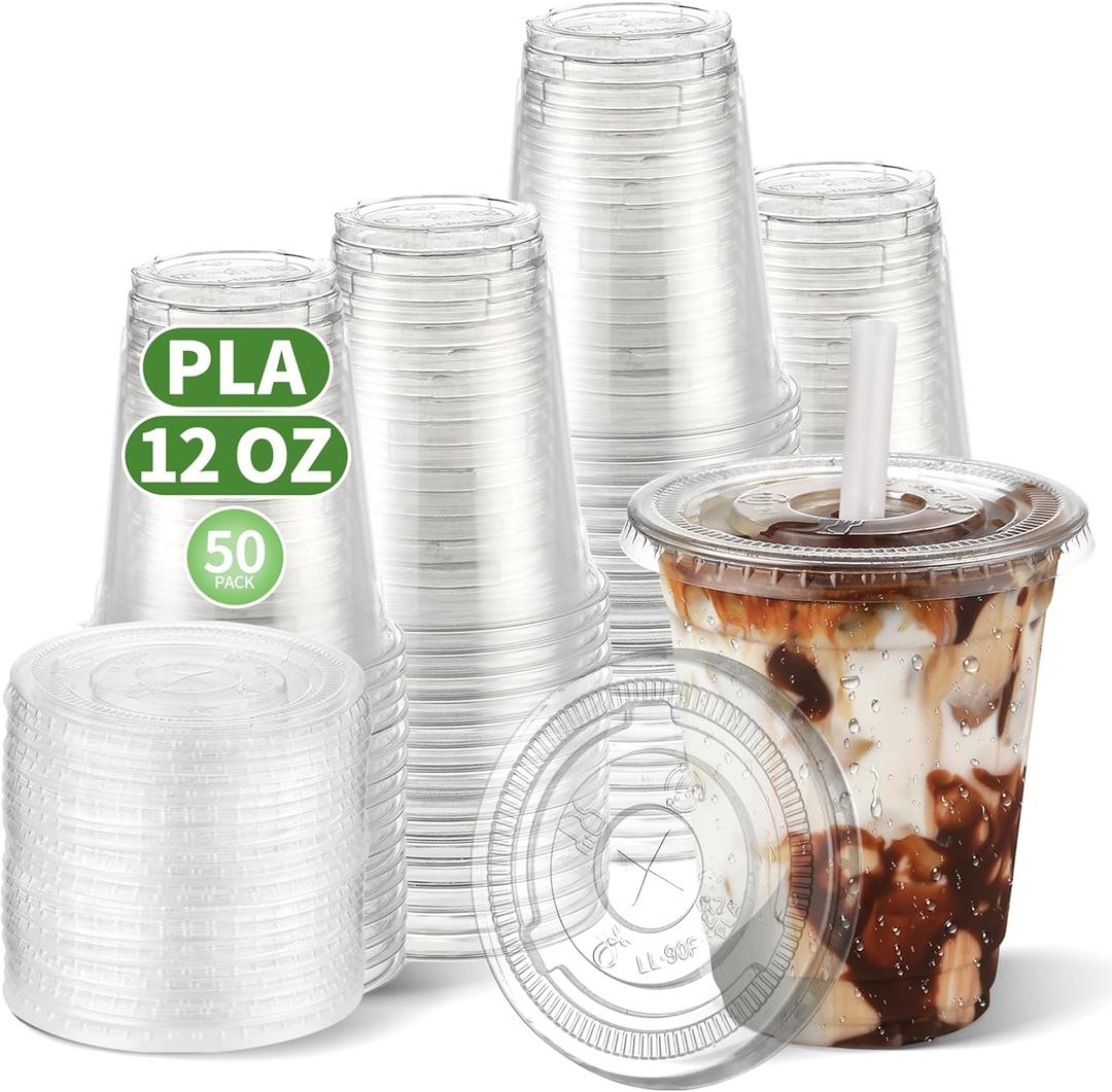 12 OZ Compostable Clear Plastic Disposable Iced Coffee Cups with Flat Lids, Biodegradable Cold Drinking Cups To Go Coffee for Party, Smoothie, Boba Tea, Slushy, Lemonade 50 Sets