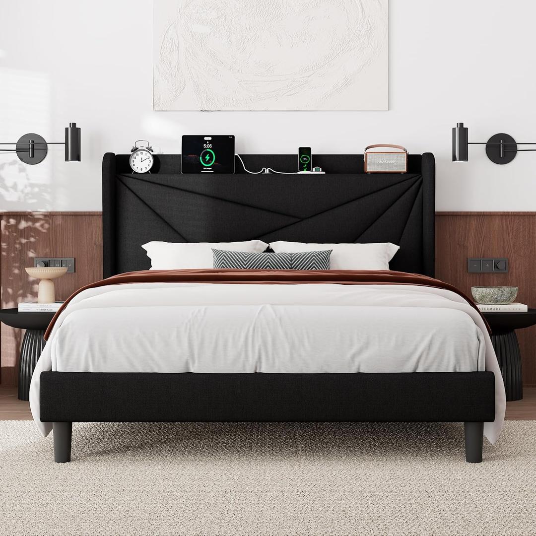 Feonase Queen Size Bed Frame with Charging Station, Linen Upholstered Platform Bed Frame with Wingback Storage Headboard, Solid Wood Slats Support, No Box Spring Needed, Noise Free, Black