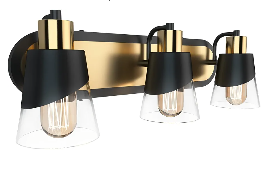URSOLA Bathroom Vanity Light, 3 Lights Bathroom Light Fixtures, 19.7 inch Bathroom Light Fixtures Over Mirror Black and Gold, with Bevelled Edge and Clear Glass Shade Wall Lamp
