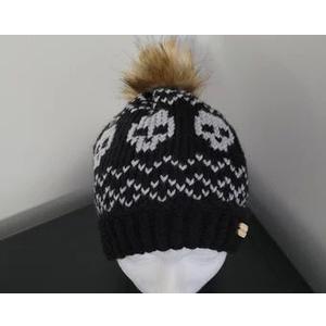 Longretve Skull Knit Brown Pom Pom Black Beanie Alpha One Size