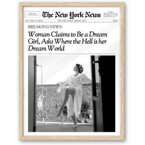 iHery Natural OAK Wood Newspaper Trendy Framed Wall Art, 12x16 in Vintage Headline Canvas Print, Beige Logs Retro Art, Woman Claims to Be a Dream Girl, Set of 1 Apartment Black and White Decor
