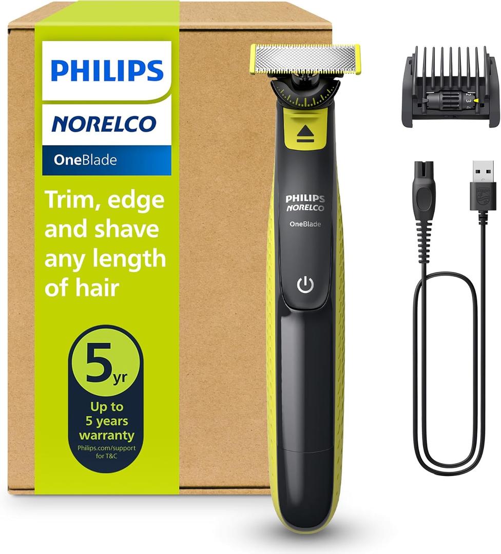 Philips Norelco One 360 Hybrid Face, Electric Beard Trimmer and Shaver, with 360 Technology, 1x 360 for Face, 5in1 Adjustable Comb, Model QP2724/90 (Black & Lime Green)