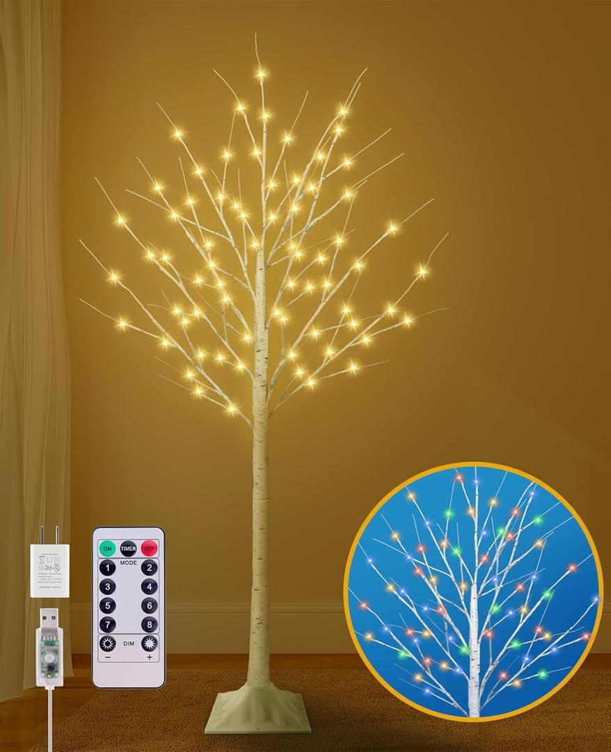 5FT Lighted Birch Tree, Birch Tree with 90 LED Lights, 8 Flash Modes and Timer, Light Up Twig Christmas Tree for Indoor Outdoor Home Party Garden Wedding Decorations (Warm White & Multicolor)