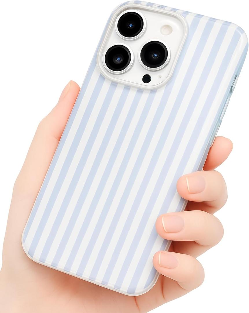 Compatible with iPhone 16 Pro Max Case, with Aesthetics Striped Design Case for Women Girl, Cute Fashion Soft TPU Slim Protection Phone Case for iPhone 16 Pro Max 6.9'' - Light Blue & White