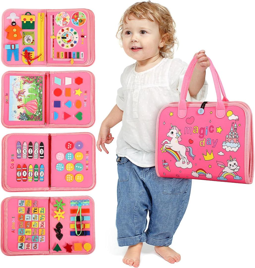 Toddler Busy BoardBusy Book Montessori ToysToys for 3 Year Old Girl Birthday GiftSensory Bins ToysLearning ToysPreschool Learning Activities Book Airplane Travel Essential Kid Toys (Red)