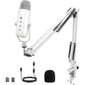 ZealSound Gaming Microphone Kit,Podcast Condenser USB Mic with Boom Arm,Supercardioid Microphone with Mute Button,Echo Volume Gain Knob,Adjust Monitor for Phone PC Computer (White)
