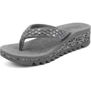 ONCAI Women's Wedge Flip Flops with RhinestoneRecovery Dressy Walking Sandals for Women with Comfortable Arch Support Cushion Yoga Mat Summer Rubber Soles(US Size 5-11) (6, Grey)
