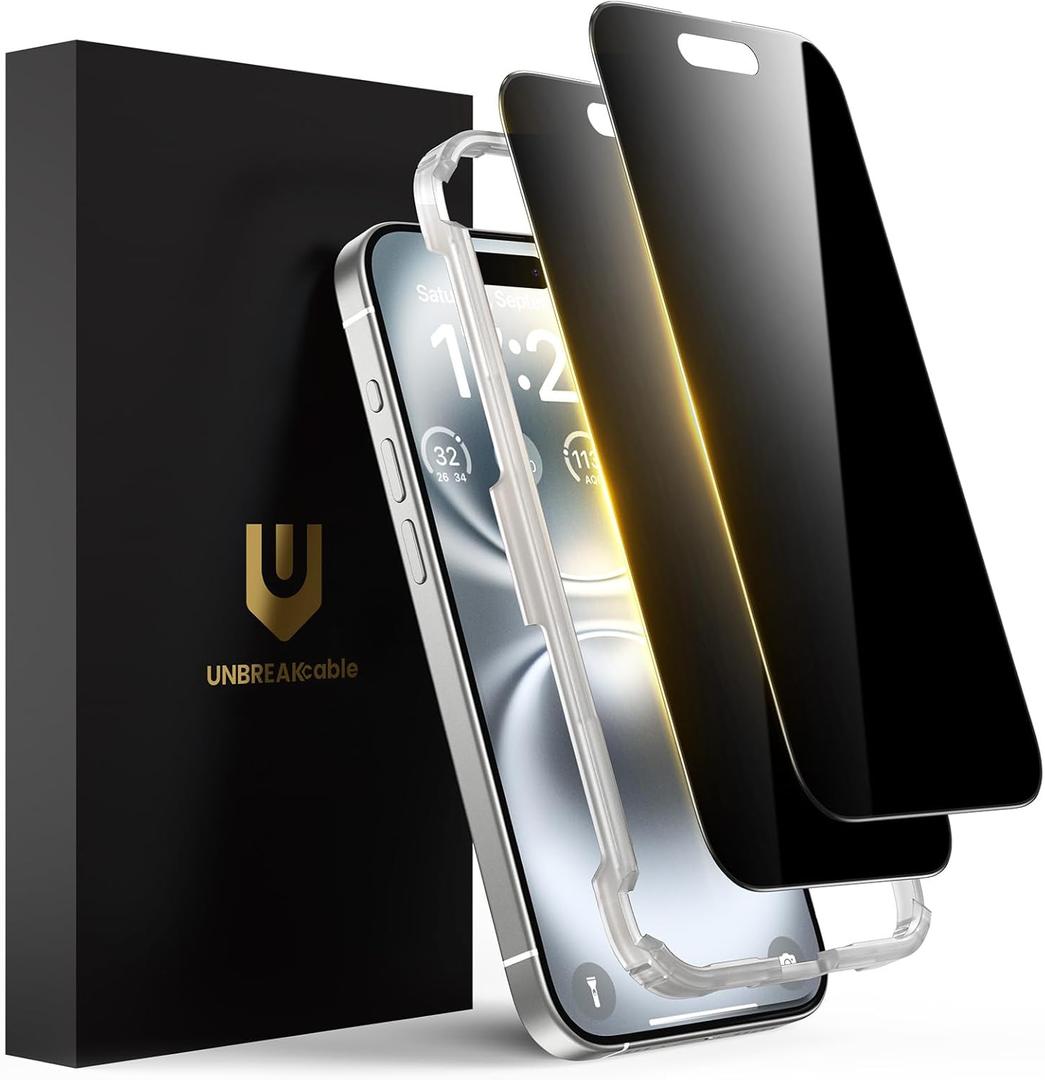 UNBREAKcable Privacy Screen Protector for iPhone 16 Plus, Anti-Spy Shatterproof Tempered Glass [True 28Anti Spy] [9H Hardness] [Easy Installation Frame] Black Protector for iPhone 6.7" - 2 Pack