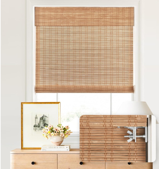 LazBlinds No Drill Bamboo Roman Shades, 29" W × 64" H, Ceylon Light Russet