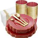 Hioasis 140pcs Red Plastic PlatesGold Plastic Plates Served for 20 Guests include 20 Dinner Plates,20 Dessert Plates,20 Knives,20 Forks,20 Spoons,20 Cups,20 Napkins for Christmas&Weddings&Parties