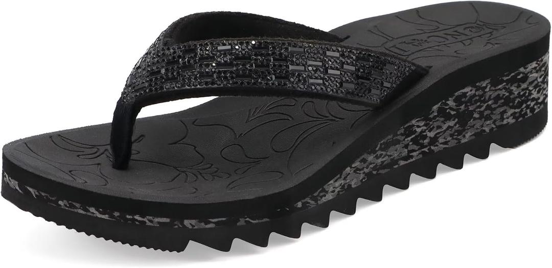 ONCAI Women's Wedge Flip Flops with Rhinestone，Recovery Dressy Walking Sandals for Women with Comfortable Arch Support Cushion Yoga Mat Summer Rubber Soles(US Size 5-11)