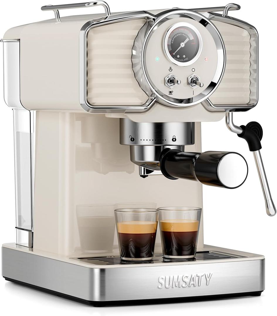 Espresso Machine 20 Bar, Professional Espresso Maker with Milk Frother Steamer Wand, Retro Coffee Maker Cappuccino & Latte Machine for Home, 1.8L Removable Water Tank, Off-white