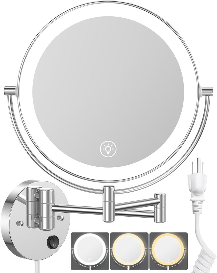 Benbilry 9" Large Wall Mounted Lighted Makeup Mirror, 1X/10X Magnifying 2-Sided AC Plug-in Powered Bathroom Mirror with 3 Color Lights, Touch Dimmable, Extended Arm 360 Rotation, Silver