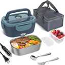 Vabaso Electric Lunch Box Food Heater, 80W Electric Heating Lunch Boxes Lunch for Adults/Men/Car/Truck/Work, 1.5L Removable 304 Stainless Steel Container, 110V/12V/24V, with Fork & Spoon (Dark Blue)