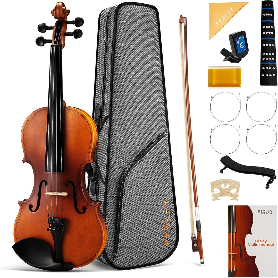 Fesley Violin Fiddle Beginner Set: 1/4 Matt for Student, Acoustic Violin with Hard Case, Solidwood Hand Made Starter Kit with Violin Bow, Rosin, Shoulder Rest, Tuner, Extra Strings