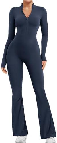 YEOREO Women Long Sleeve Flare Workout Jumpsuit Zip Up Romper Bottom Pants Wide Leg Bodysuit Bodycon Sexy One Piece, M