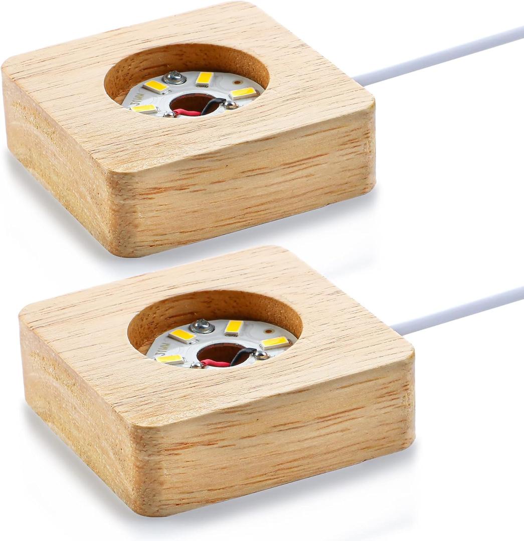 Pack 2 Wooden LED Light Display Base Wood LED Display Stand for 3D Crystal Laser Glass Resin Art Warm Light Square USB Only