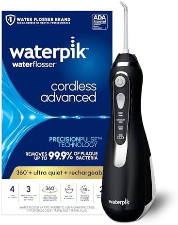 Waterpik Cordless Advanced 2.0 Water Flosser For Teeth, Gums, Braces, Dental Care With Travel Bag and 4 Tips, ADA Accepted, Rechargeable, Portable, and Waterproof, Black WP-582 