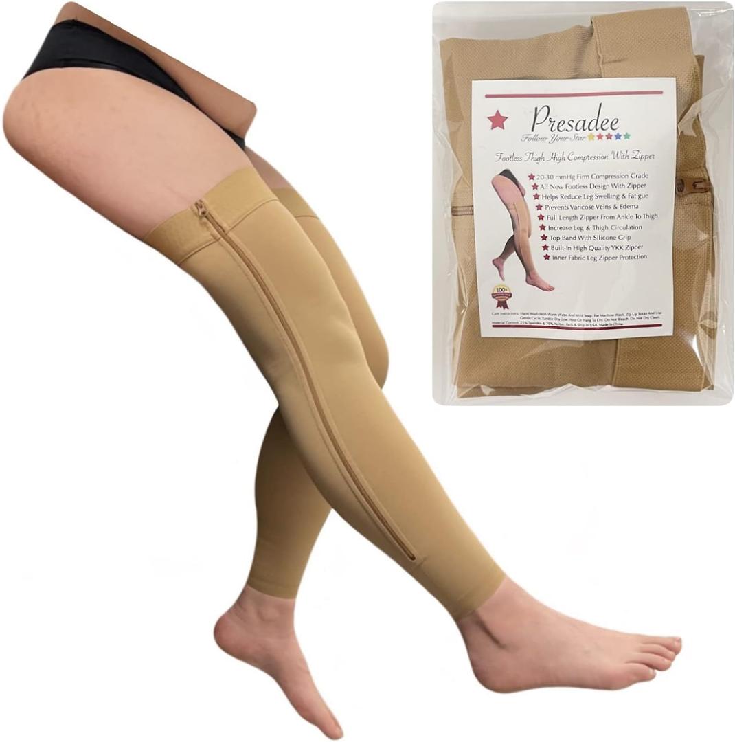Presadee Footless Thigh High 20-30 mmHg Firm Compression Sleeve with YKK Zipper (Beige, 1)