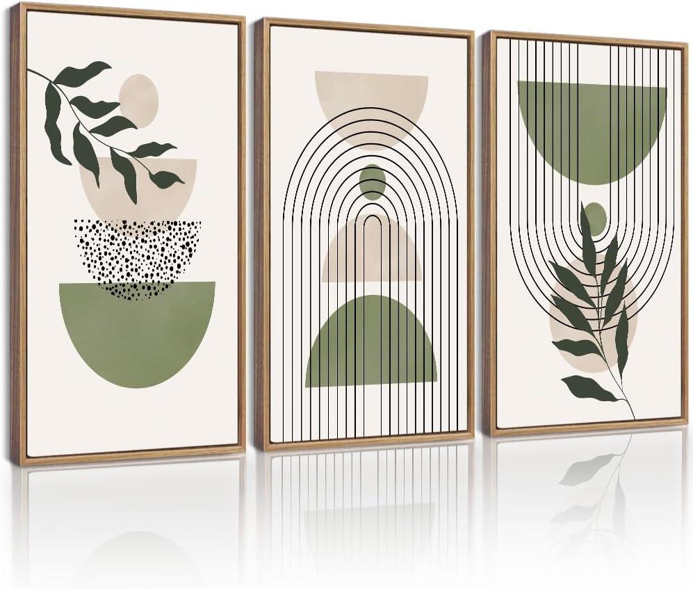 Drsoum Large 16x24in Green Botanical Boho Wall Art Framed Modern Sage Bohemian Wall Decor Abstract Geometry Lines Prints Ready to Hang Natural Framed