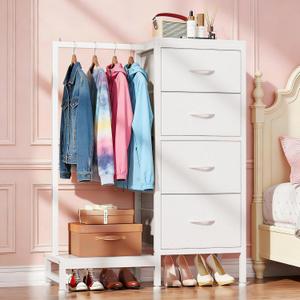Dresser with Hanging Rack, 4 Drawers Small Closet for Bedroom, Reversible Fabric Kids Chest of Drawers with Clothes Rack, Tall Storage Tower, Sturdy Frame, White, 44''H