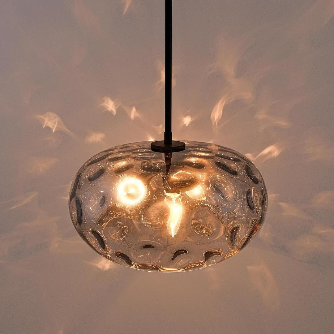 Large Glass Pendant Lighting, Hammered Lampshade Chandelier with Height Adjustable Hanging Rods, Brass Gold Chandelier for Dining Living Room Kitchen Island (Smoked Grey, 14 Inch)