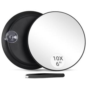 10X Magnifying Mirror with 3 Suction Cups - 6'' Stick on Makeup Mirror with 10X Magnification, Magnified Makeup Mirror Portable Handheld Cosmetic Mirror and Tweezers Set for Travel, Makeup, Bathroom