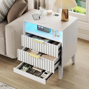 LVSOMT 24 W Fluted LED Nightstand with Charging Station, RFID Lock, White | Bedside Table with Hidden Drawer, 2 Drawers, Open Cubby, Motion Sensor, USB and Type-C Ports, Night Stand for Bedroom, 23.62 19.69 15.75 inch