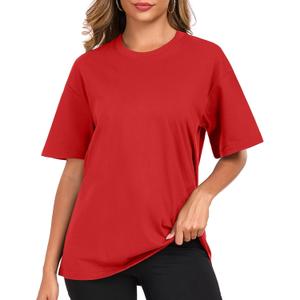 Womens Oversized Cotton T Shirts Crewneck Short Sleeve Tops Heavyweight Casual Loose Fit Drop Shoulder Fashion Tees (Large, Red)