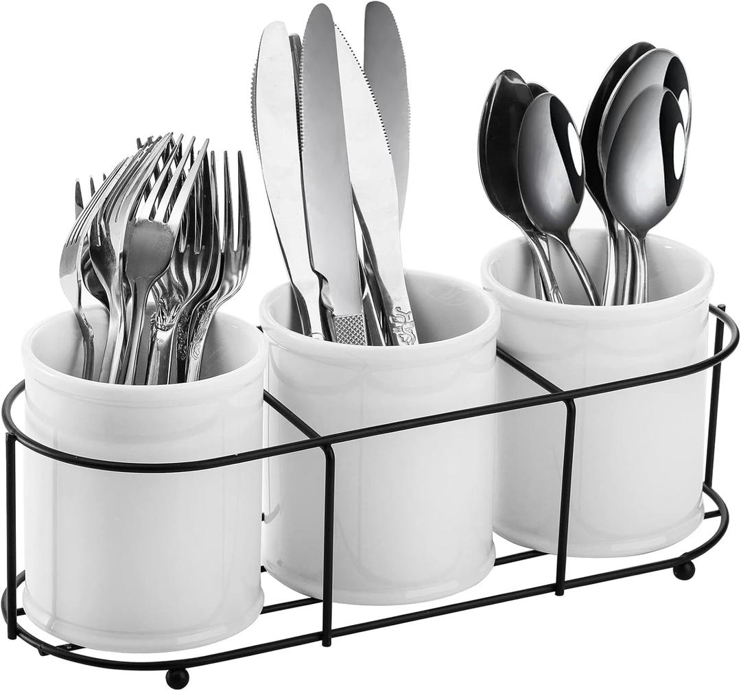 Bekith 3-Piece Ceramic Silverware Caddy with Metal Rack, Utensil Holder Flatware Caddy Cutlery Storage Organizer for Kitchen Table, Cabinet or Pantry Bekith 3-Piece Ceramic Silverware Caddy with Metal Rack, Utensil Holder Flatware Caddy Cutlery Storage Organizer for Kitchen Table, Cabinet or Pantry